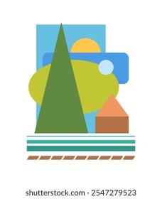 Abstract nature geometric composition environment symbols. Forest ecology sign. Simple shapes graphic blocks pattern vector illustration background. Green trees, blue sky, sun, forest river house.