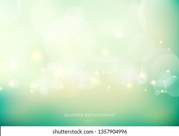 Abstract nature glowing sun light flare and bokeh with green turquoise color smooth blurred background. Vector illustration