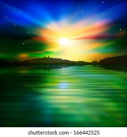 abstract nature green background with lake forest and sunrise