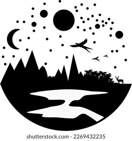 Abstract nature illustration: lake, mountains with animals, forest and stars in the sky
