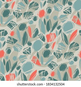 Abstract nature inspired hand drawn shapes seamless pattern for background, fabric, textile, wrap, surface, web and print design. orange and teal modern rapport for textile and surface design. 