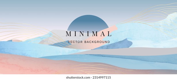 Resumen del paisaje natural de fondo. Papel de escritorio de diseño minimalista con montaña, líneas doradas, desierto, arena, sol, luna, acuarela. Para impresiones, interiores, arte de pared, decoración, cubiertas, carteles.