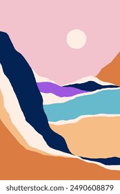 Abstract nature landscape card. Sun, sky, mountain in modern trendy geometric style. Colorful poster background, interior wall art design. Minimalist scenery. Colored flat vector illustration