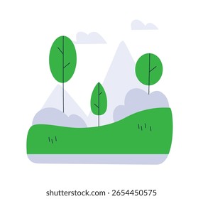 Abstract nature landscape. Forest trees and mountains, wild outdoor scene. Wilderness, woodland plants, grass, rocks and clouds. Countryside view. Flat vector illustration isolated on white background