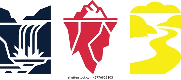 Abstract nature landscape icons set featuring waterfall iceberg river in blue red yellow cliffs. 3 abstract nature landscape illustrations. Features a dark blue waterfall, a red geometric iceberg, an.