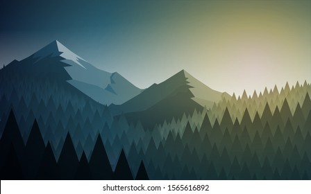 Abstract nature landscape. Mountain and forest. Vector illustration. Elements are layered separately in vector file.