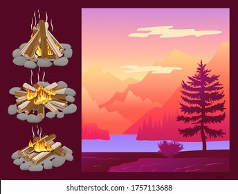 Abstract nature landscape. Mountain and forest fire. Campfire set realistic design vector poster. Natural disaster. Firewood logs, cleft stumps stacked for a fire on stones, fire burns with red sparks