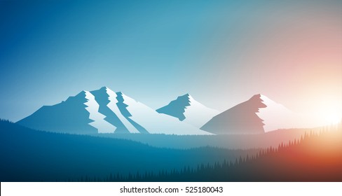 Abstract nature landscape. Mountain and forest in the morning. Vector illustration. Elements are layered separately in vector file.