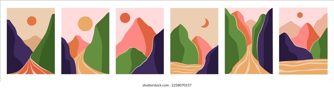 Abstract nature landscape, mountain hill colorful posters collection. Outdoor travel elements, trendy adventure horizon. Vector textured illustrations. Social media stories vector background