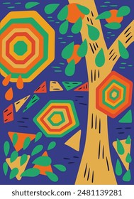 Abstract nature landscape poster in bold colors with geometric shapes. Modern botanical vector illustration, cover, template, poster, etc.