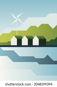 Abstract nature landscape poster. Scandinavian art, summer mountains, minimalist wall decor. Vector illustration