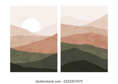 Abstract nature landscape posters. Minimalist neutral art prints with mountains, contemporary mid century background. Vector set