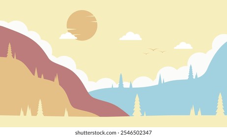 Abstract Nature Landscape texture with mountain hill and sunrise, adventure and travel view design, Vector illustration