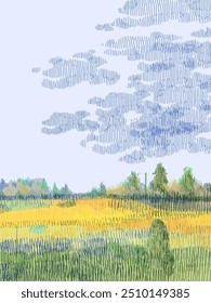 Abstract nature, landscape view colorful rough lines drawing silhouettes vector illustration background. Aesthetic design for cover, poster, web and banner.