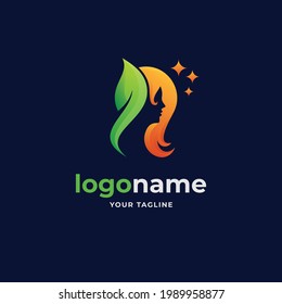 abstract nature leaf with women face logo gradient style for spa massage salon and beauty business company