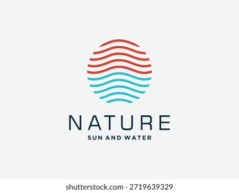 Abstract nature logo design with stylized sun and water waves in circle, great for environment or nature related theme