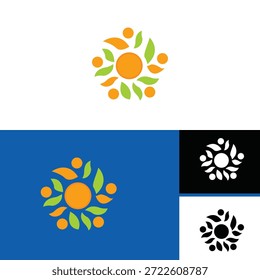 Abstract nature logo featuring a sun surrounded by leaves, symbolizing organic growth, sustainability, eco friendly lifestyle and environmental harmony. Ideal for green brands, organic products, wellness, agriculture and natural businesses.