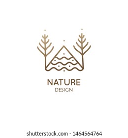 Abstract nature logo of trees on white background. Symbol of forest landscape. Vector natural illustration. Garden emblem. Tattoo, travel, adventure, wildlife symbol. Ecology, environment concepts.