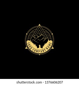 Abstract nature logo. Vector geometric badge. Sacred alchemic symbol. Outline icon of abstract shapes, man looking a big mountain