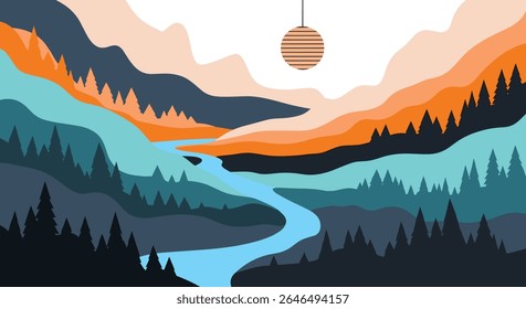 Abstract nature mountain vector landscape with forest river and space object hanging