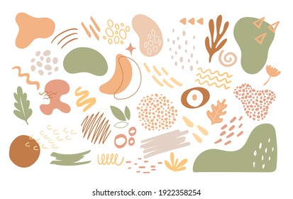 Abstract nature organic geometric shapes vector illustration set. Trendy cutout art floral elements, artistic natural leaf plant and scribble stripe, cartoon design collection isolated on white