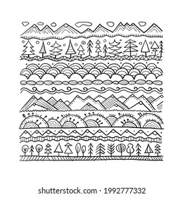 Abstract Nature Pattern Frame for your design. Forest and Mountain icons. Ethnic style