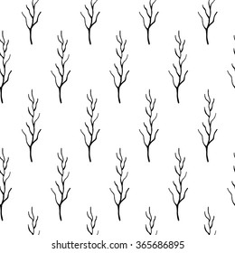 Abstract nature pattern with hand drawn branches. Cute vector black and white nature pattern. Seamless monochrome nature pattern for fabric, wallpapers, wrapping paper, cards and web backgrounds.