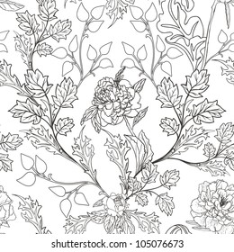 Abstract Nature Pattern with plants, flowers. Monochrome. Endless pattern can be used for wallpaper, pattern fills, web page background, surface textures.