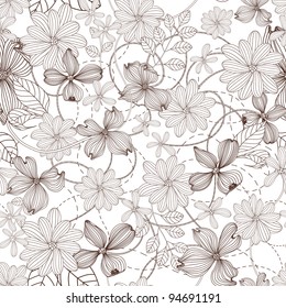 Abstract Nature Pattern with plants, flowers. Monochrome. Endless pattern can be used for wallpaper, pattern fills, web page background, surface textures.