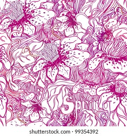Abstract Nature Pattern with plants, flowers. Endless pattern can be used for wallpaper, pattern fills, web page background, surface textures.