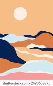 Abstract nature poster. Modern landscape with sun on sky, vertical card background. Trendy minimalist style, scenery pattern. Contemporary wall art, stylized painting. Colored flat vector illustration