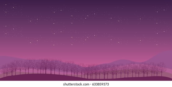 Abstract nature, purple night sky full of stars over hills and forest
vector landscape illustration
