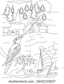 Abstract Nature Scene Line Art with Bird and Boat, Simple black and white line drawing depicting a natural landscape with trees, rustic cabins, a bird perched on a branch (suggesting a hummingbird
