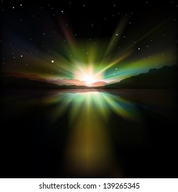 abstract nature sea background with sunrise and mountains
