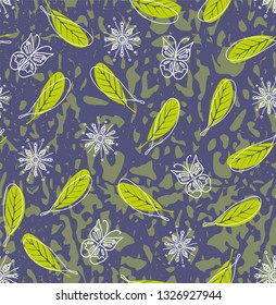Abstract nature seamless floral pattern with leaves and butterflies
