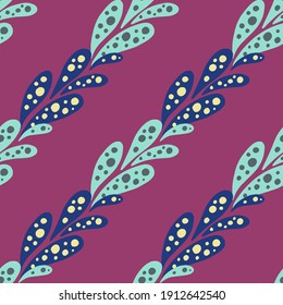 Abstract nature seamless pattern with blue colored ornament. Bright violet pink background. Great for fabric design, textile print, wrapping, cover. Vector illustration.