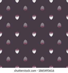 Abstract nature seamless pattern with dark purple palette acorn print. Simple floral artwork. Flat vector print for textile, fabric, giftwrap, wallpapers. Endless illustration.