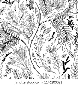 Abstract nature seamless pattern hand drawn. Ethnic ornament, floral print, textile fabric, botanical element. Vintage retro style. Image  of leaves and other natural objects. Vector illustration.