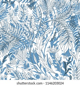 Abstract nature seamless pattern hand drawn. Ethnic ornament, floral print, textile fabric, botanical element. Vintage retro style. Image  of leaves and other natural objects. Vector illustration.