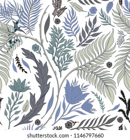 Abstract nature seamless pattern hand drawn. Ethnic ornament, floral print, textile fabric, botanical element. Vintage retro style. Image  of leaves and other natural objects. Vector illustration.