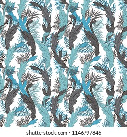 Abstract nature seamless pattern hand drawn. Ethnic ornament, floral print, textile fabric, botanical element. Vintage retro style. Image  of leaves and other natural objects. Vector illustration.