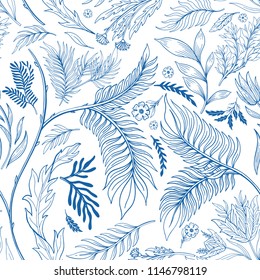 Abstract nature seamless pattern hand drawn. Ethnic ornament, floral print, textile fabric, botanical element. Vintage retro style. Image of leaves and other natural objects. Vector illustration.