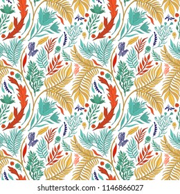 Abstract nature seamless pattern hand drawn. Ethnic ornament, floral print, textile fabric, botanical element. Vintage retro style. Image  of leaves and other natural objects. Vector illustration.