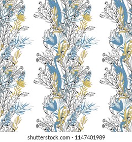 Abstract nature seamless pattern hand drawn. Ethnic ornament, floral print, textile fabric, botanical element. Vintage retro style. Image  of leaves and other natural objects. Vector illustration.