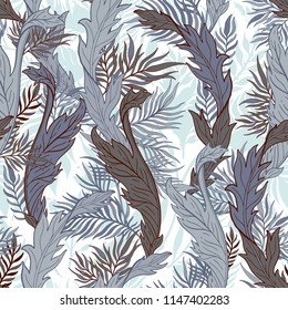 Abstract nature seamless pattern hand drawn. Ethnic ornament, floral print, textile fabric, botanical element. Vintage retro style. Image  of leaves and other natural objects. Vector illustration.