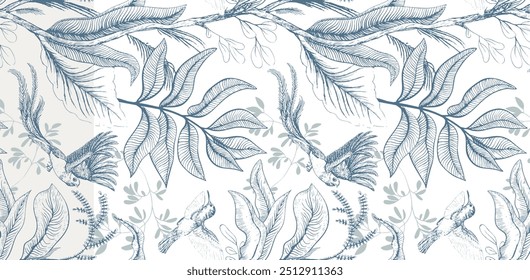 Abstrato natureza sem costura padrão desenhado à mão. Ornamento étnico, estampa floral, tecido têxtil, elemento botânico. Estilo retrô vintage. Imagem de folhas e outros objetos naturais. Ilustração vetorial.