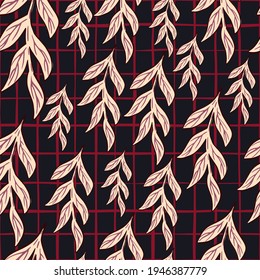 Resumen de la naturaleza de un patrón sin fisuras con formas de ramas de contorno de color rosa. Fondo marrón a cuadros. Diseñado para el diseño de tejidos, impresión textil, envoltura, cubierta. Ilustración vectorial.