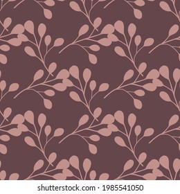 Abstract nature seamless pattern with pink eucalyptus leaf ornament. Purple pastel background. Garden style. Designed for fabric design, textile print, wrapping, cover. Vector illustration.