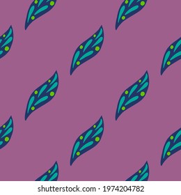Abstract nature seamless pattern with turquoise leaf elements print. Purple background. Simple artwork. Decorative backdrop for fabric design, textile print, wrapping, cover. Vector illustration.
