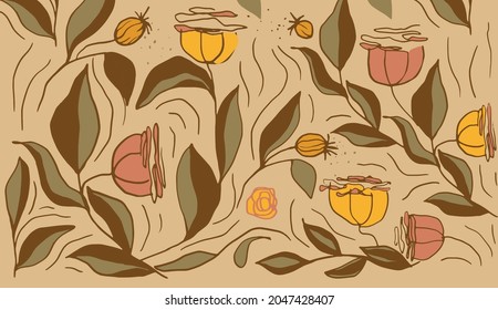 Abstract nature set collection hand drawn. Ethnic ornament, floral print, textile fabric, botanical element. Vintage retro style. Image of flowers of leaves and other natural objects